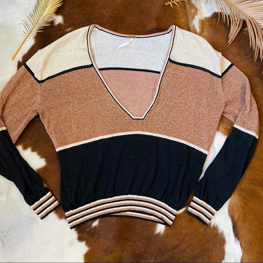 Free People Sparkly Sweater Deep V Neck -L